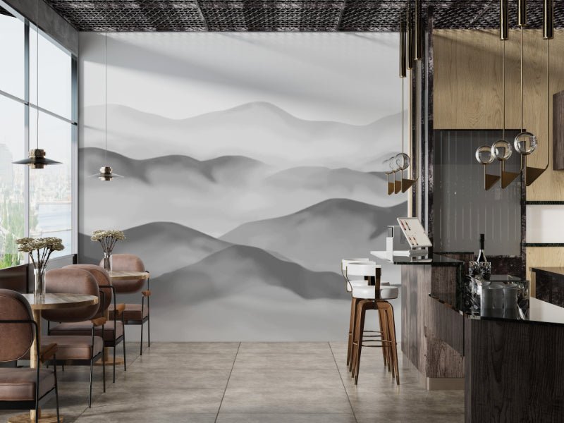 Grey Foggy Hills Wall Mural featuring overlapping mountain ranges for dining.