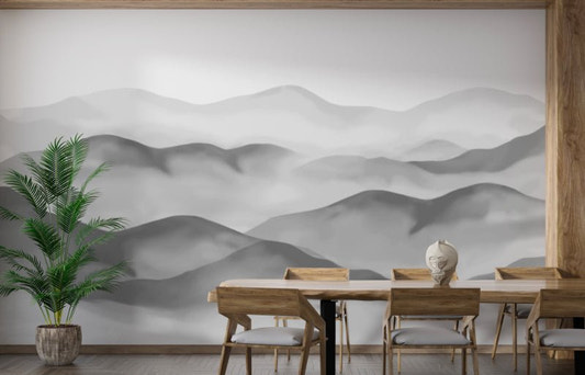 Grey Foggy Hills Wall Mural showing misty mountains for dining room.