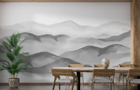 Grey Foggy Hills Wall Mural showing misty mountains for dining room.