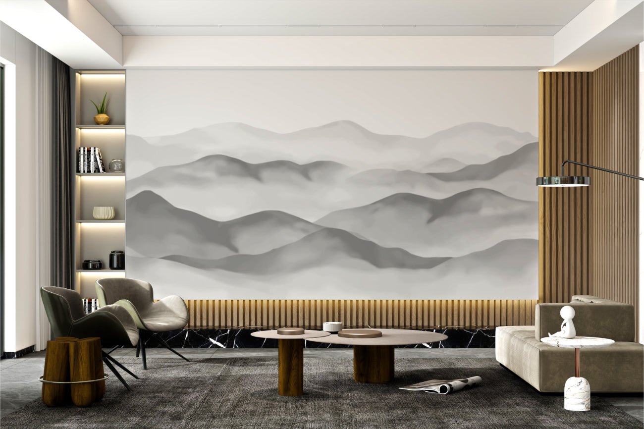 Grey Foggy Hills Wall Mural displaying a foggy nature scene.