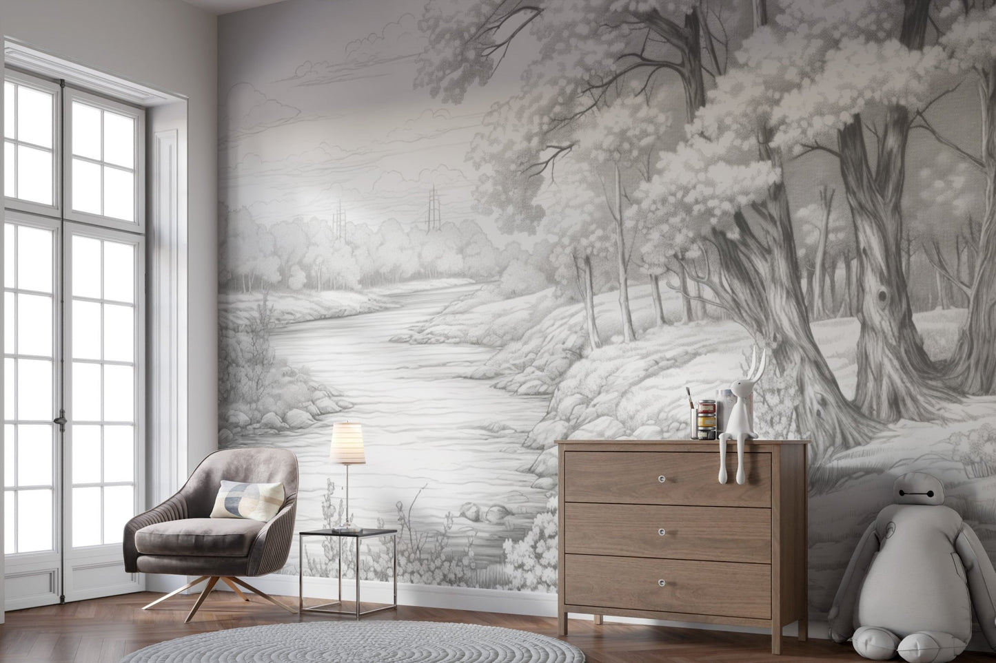 Light grey forest wallpaper mural showcasing a serene nature scene.