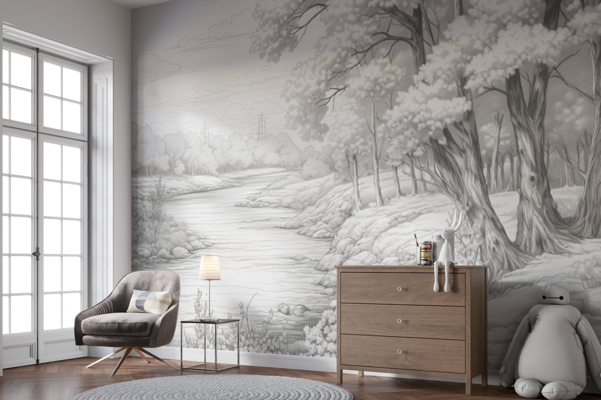 Light grey forest wallpaper mural showcasing a serene nature scene.