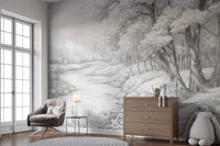Light grey forest wallpaper mural showcasing a serene nature scene.