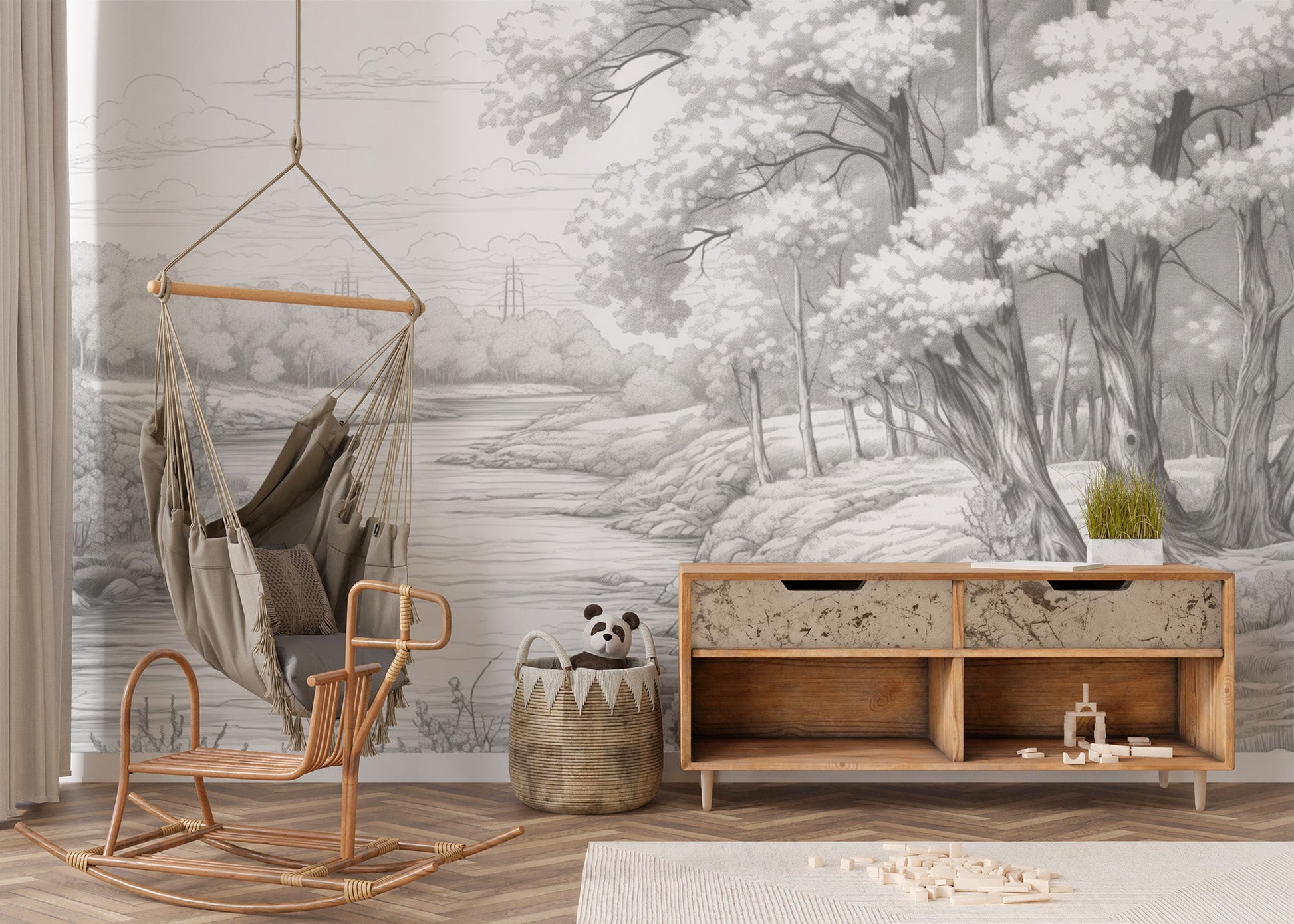 Scenic forest wall mural with traditional sketch and line art elements.