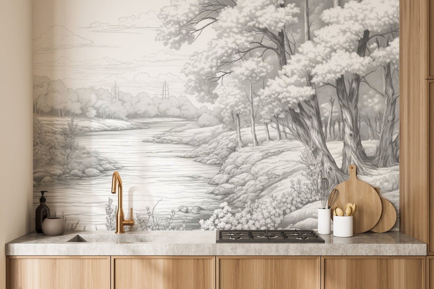 Etched style forest wallpaper mural with subtle shading and textures.