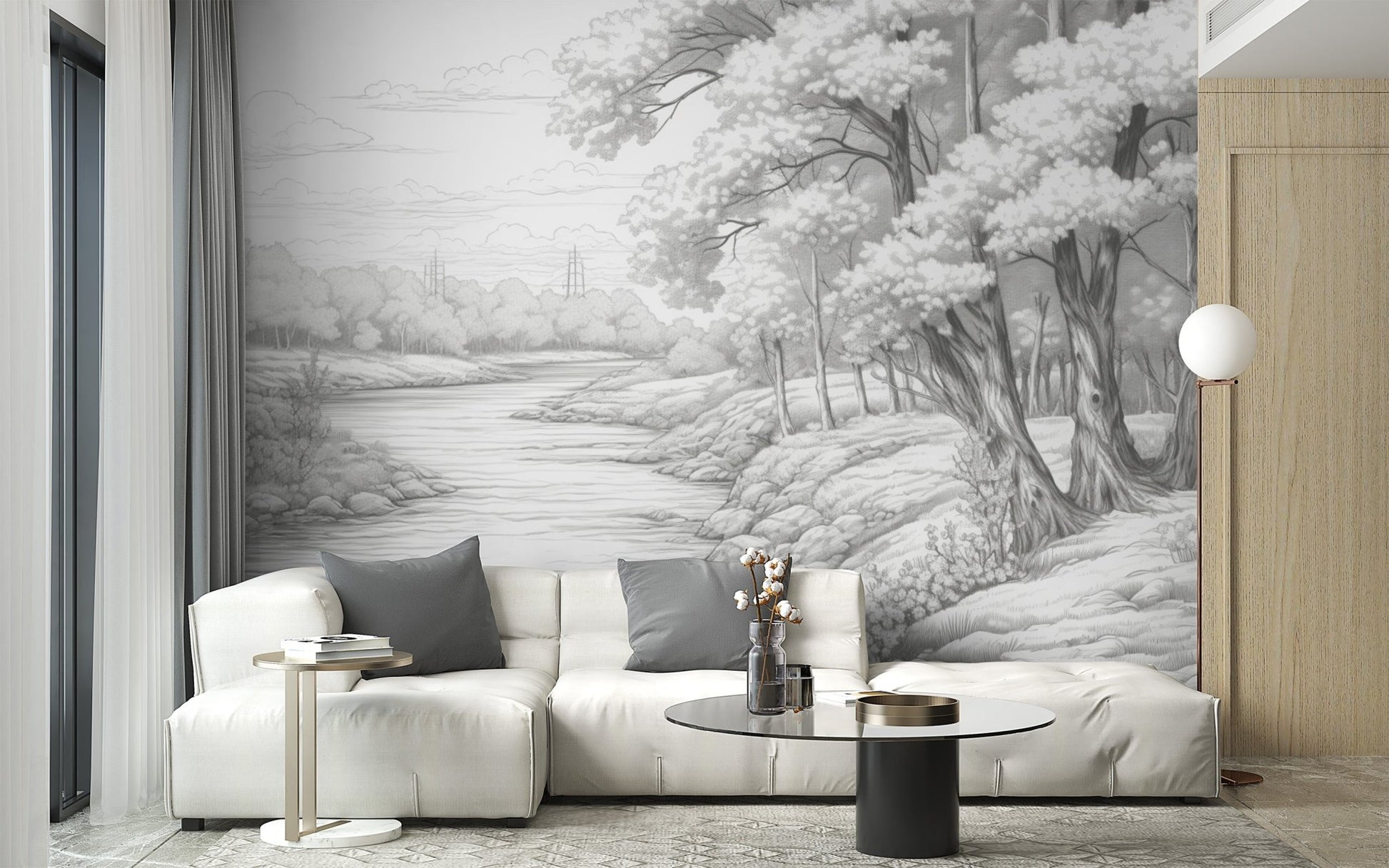 Hand-drawn grey forest wallpaper mural featuring a winding river and trees.