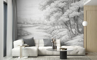 Hand-drawn grey forest wallpaper mural featuring a winding river and trees.