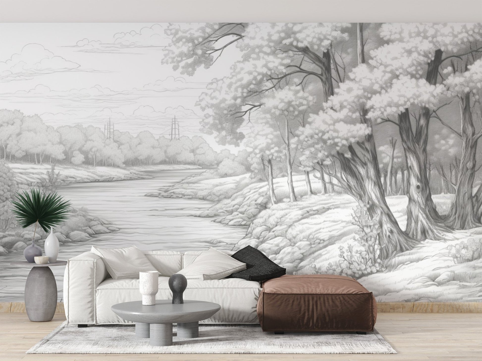 Soft grey nature wallpaper mural featuring a peaceful riverbank scene.