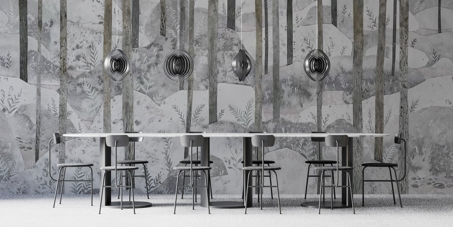 Textured forest landscape wallpaper mural in calm gray color.