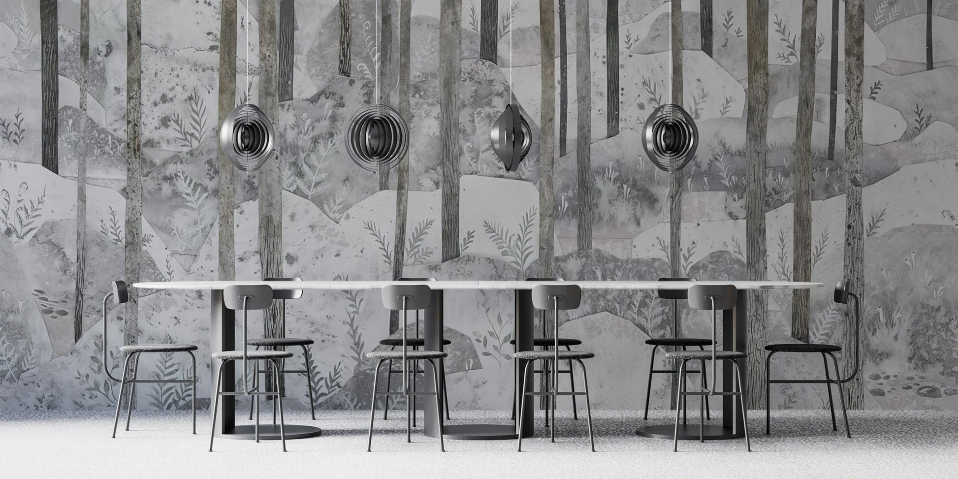 Textured forest landscape wallpaper mural in calm gray color.