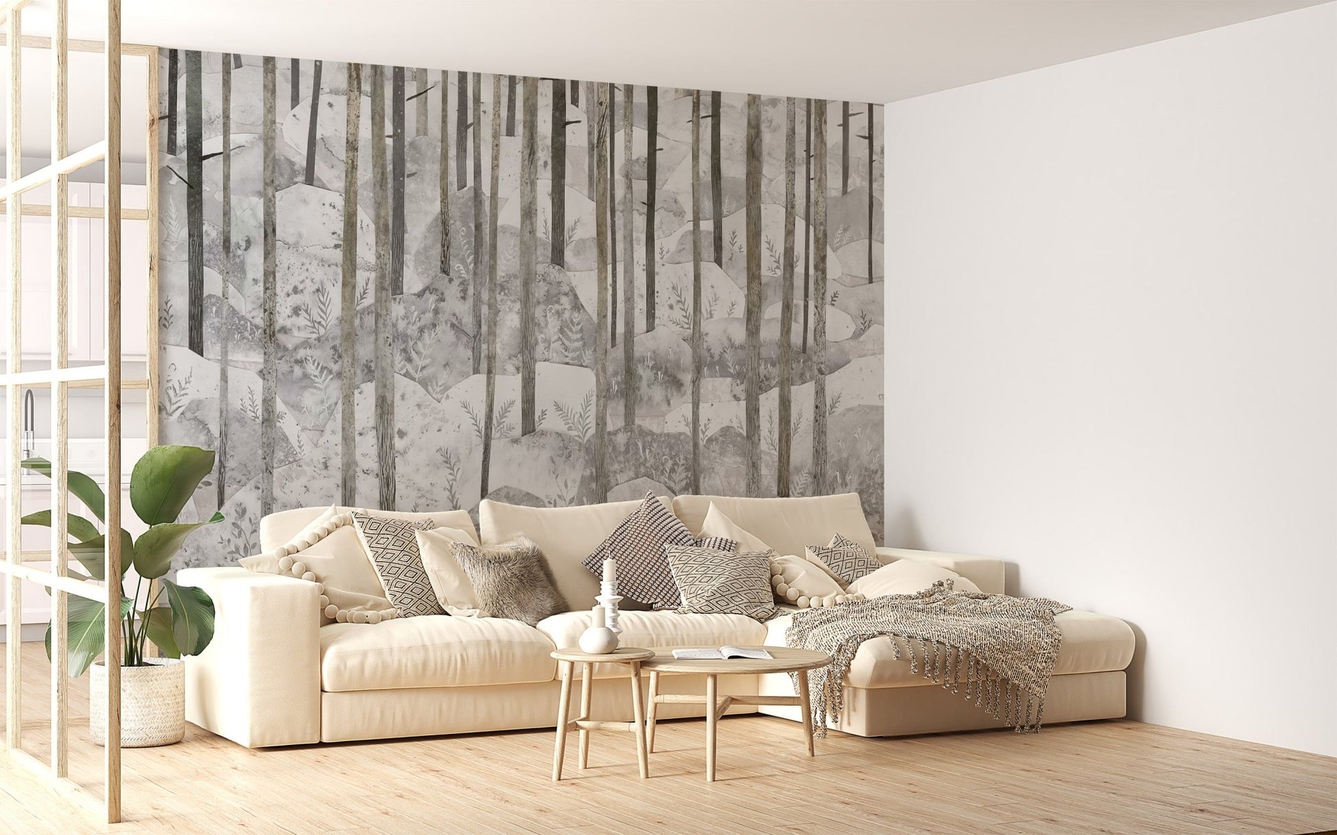 Scenic grey woodland wall mural wallpaper in minimalist style.