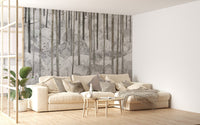 Scenic grey woodland wall mural wallpaper in minimalist style.