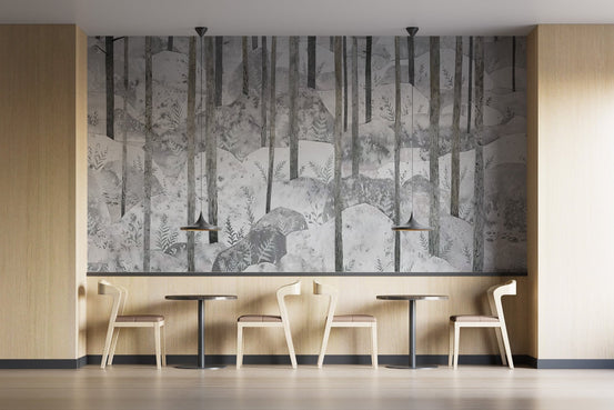 Grey forest woodland wall mural with layered trees and misty hills wallpaper.