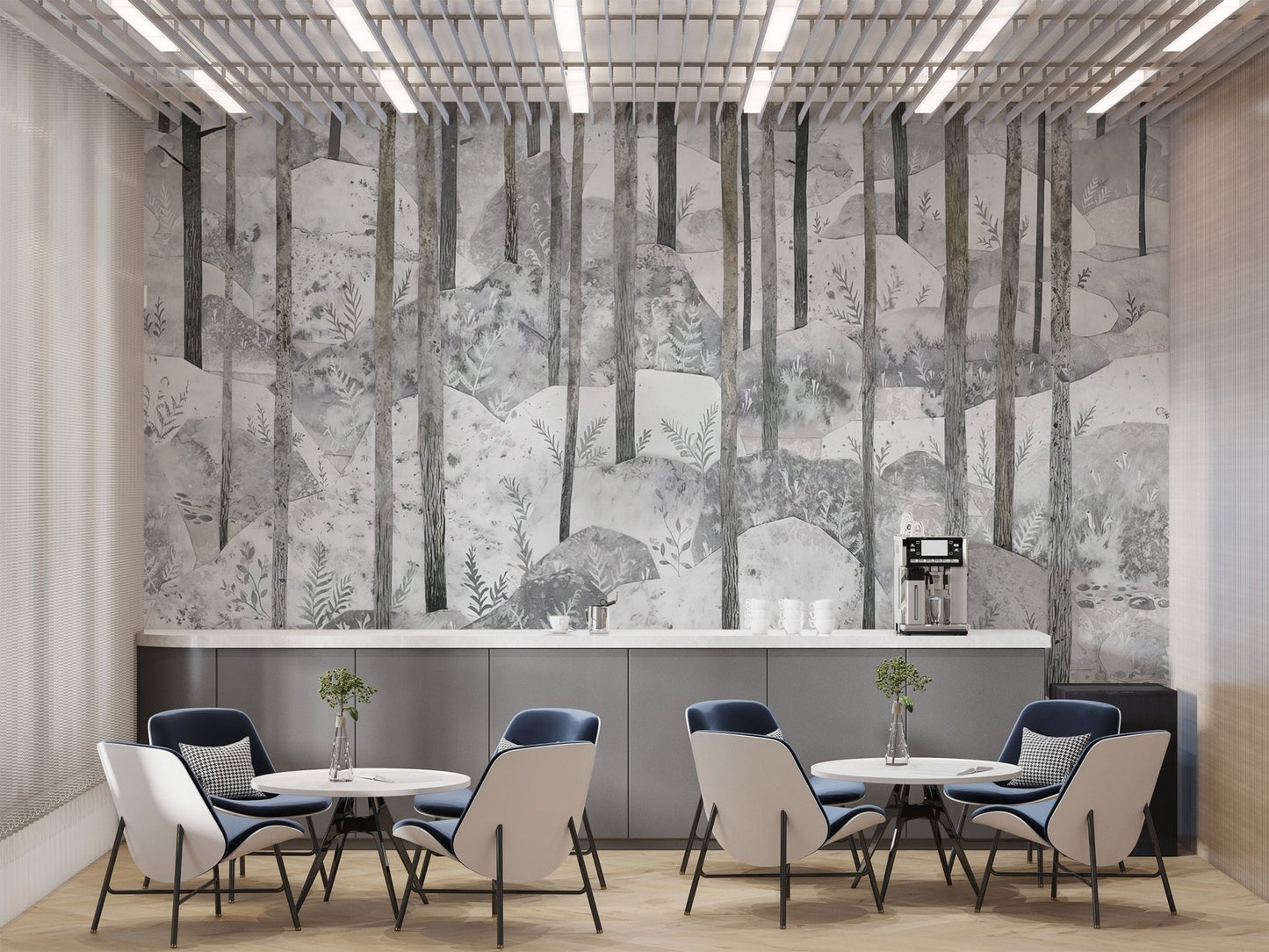 Soft grayscale forest wallpaper mural with botanical accents.