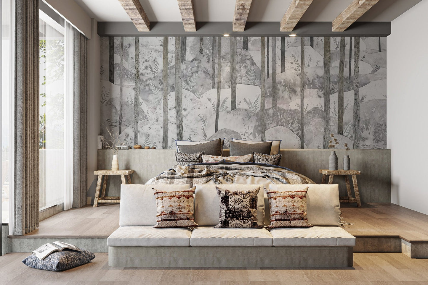 Contemporary forest scene wallpaper mural in muted gray shades.