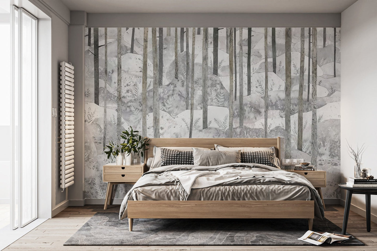 Minimal woodland wall mural wallpaper with tall tree silhouettes.