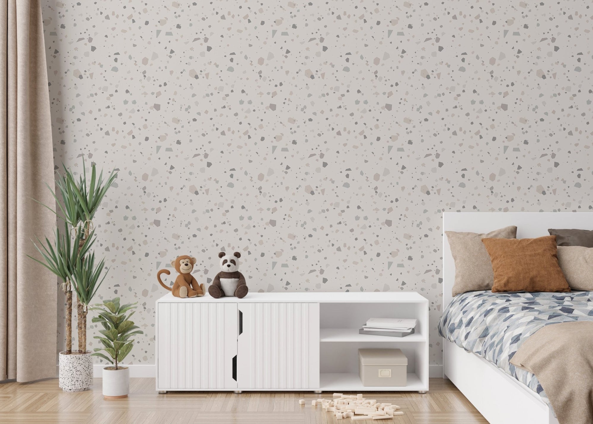 Grey Granite Pattern Beige Natural Stones Terrazzo Wall mural in a modern bedroom.