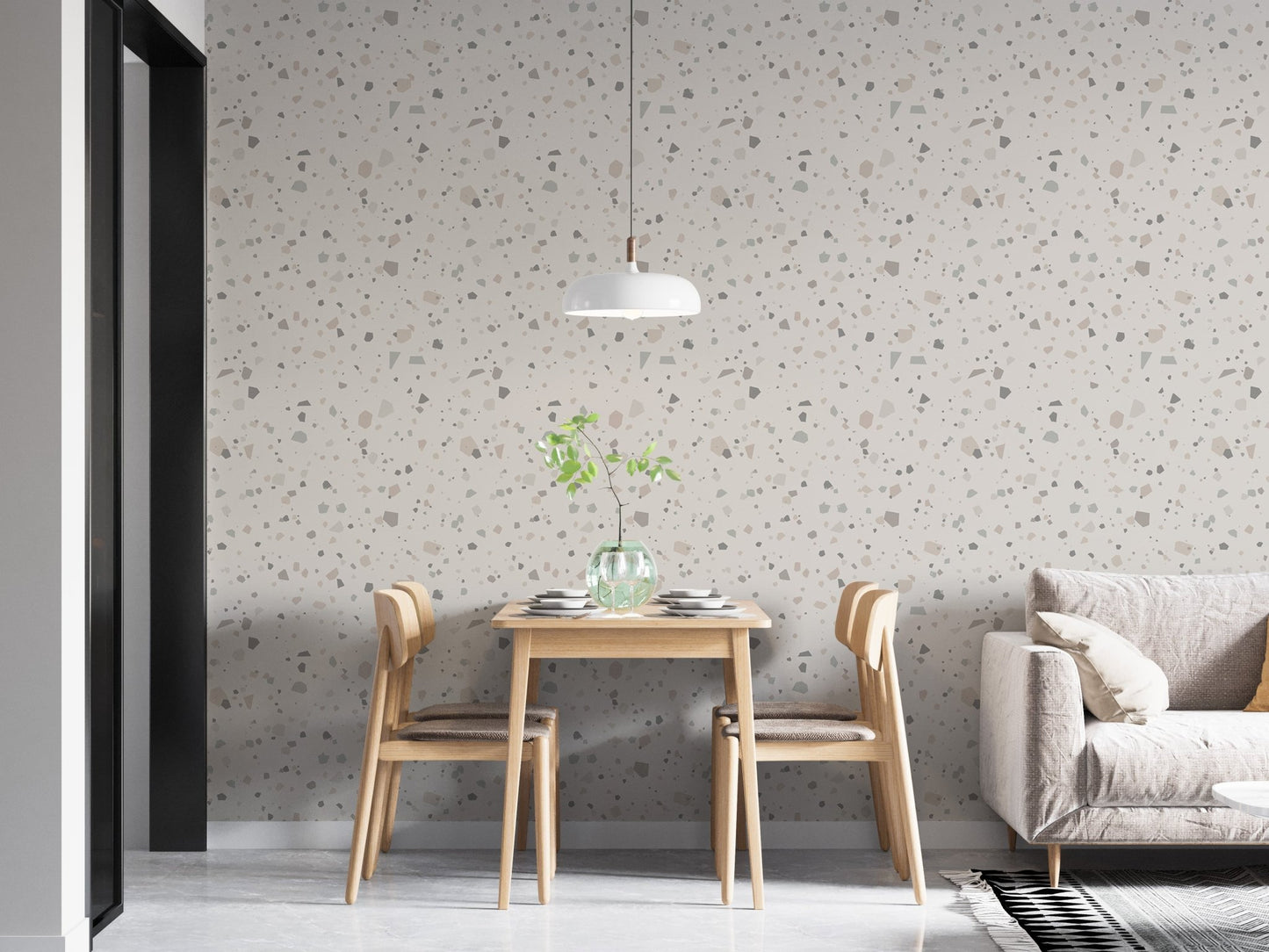 Grey granite pattern wall mural in a contemporary dining space with a white light.