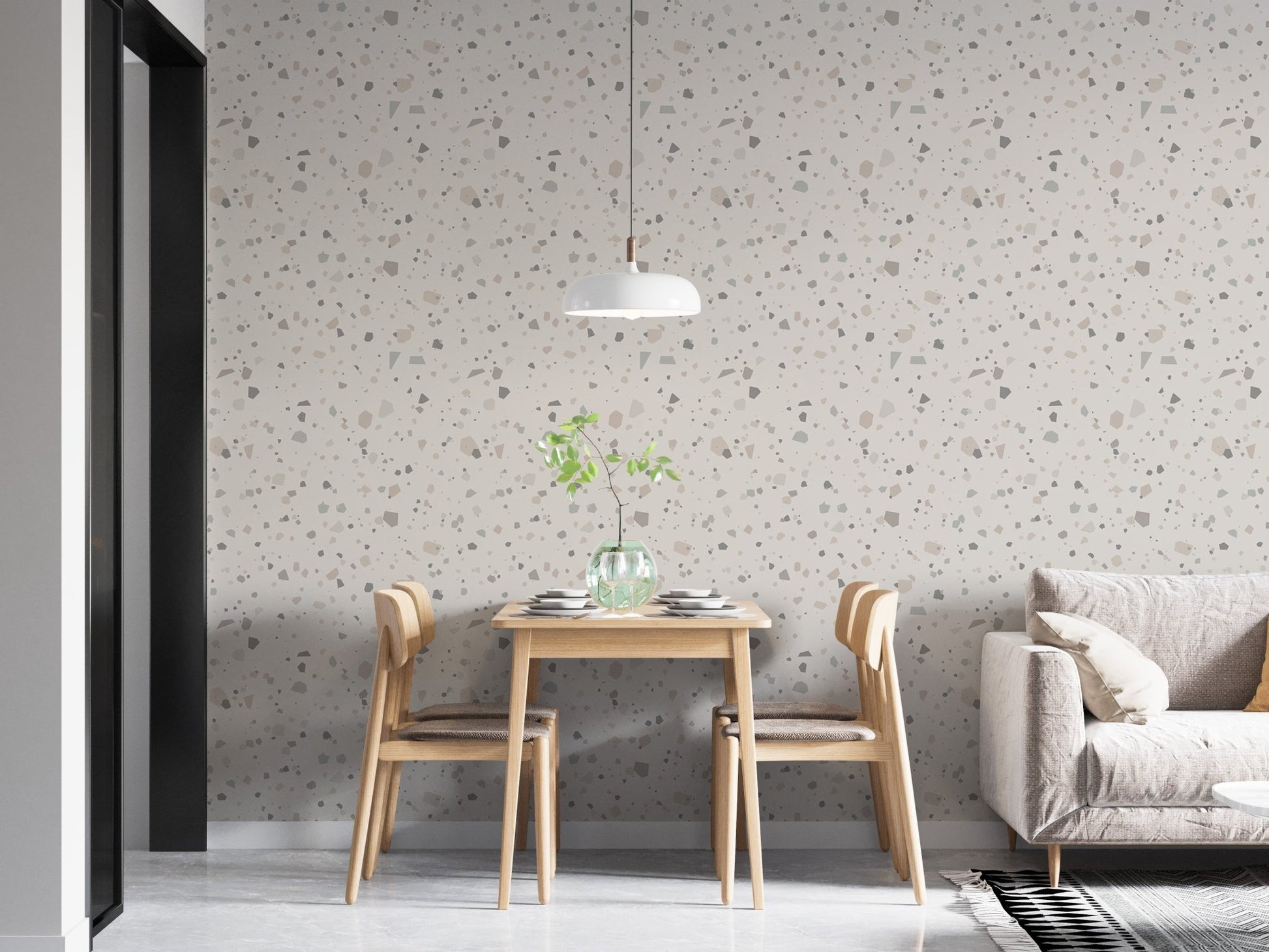 Grey granite pattern wall mural in a contemporary dining space with a white light.