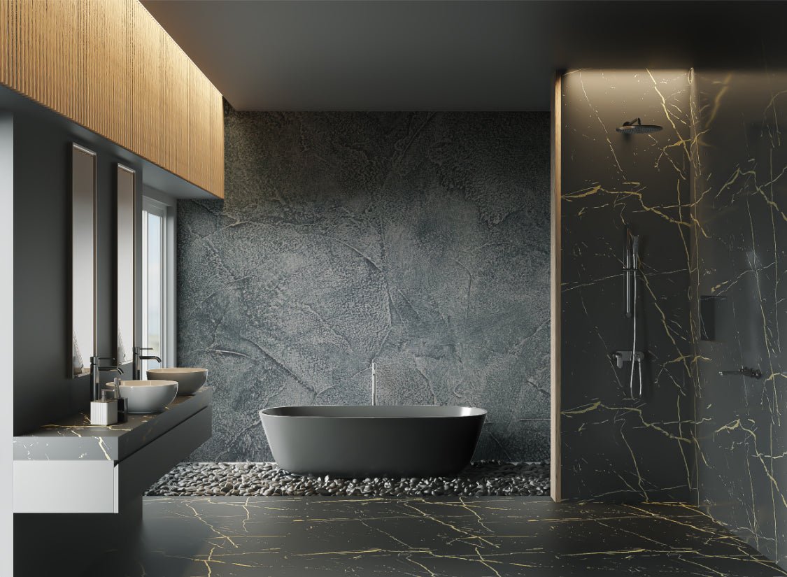 Textured grey stucco wall mural finish suitable for contemporary bathroom.