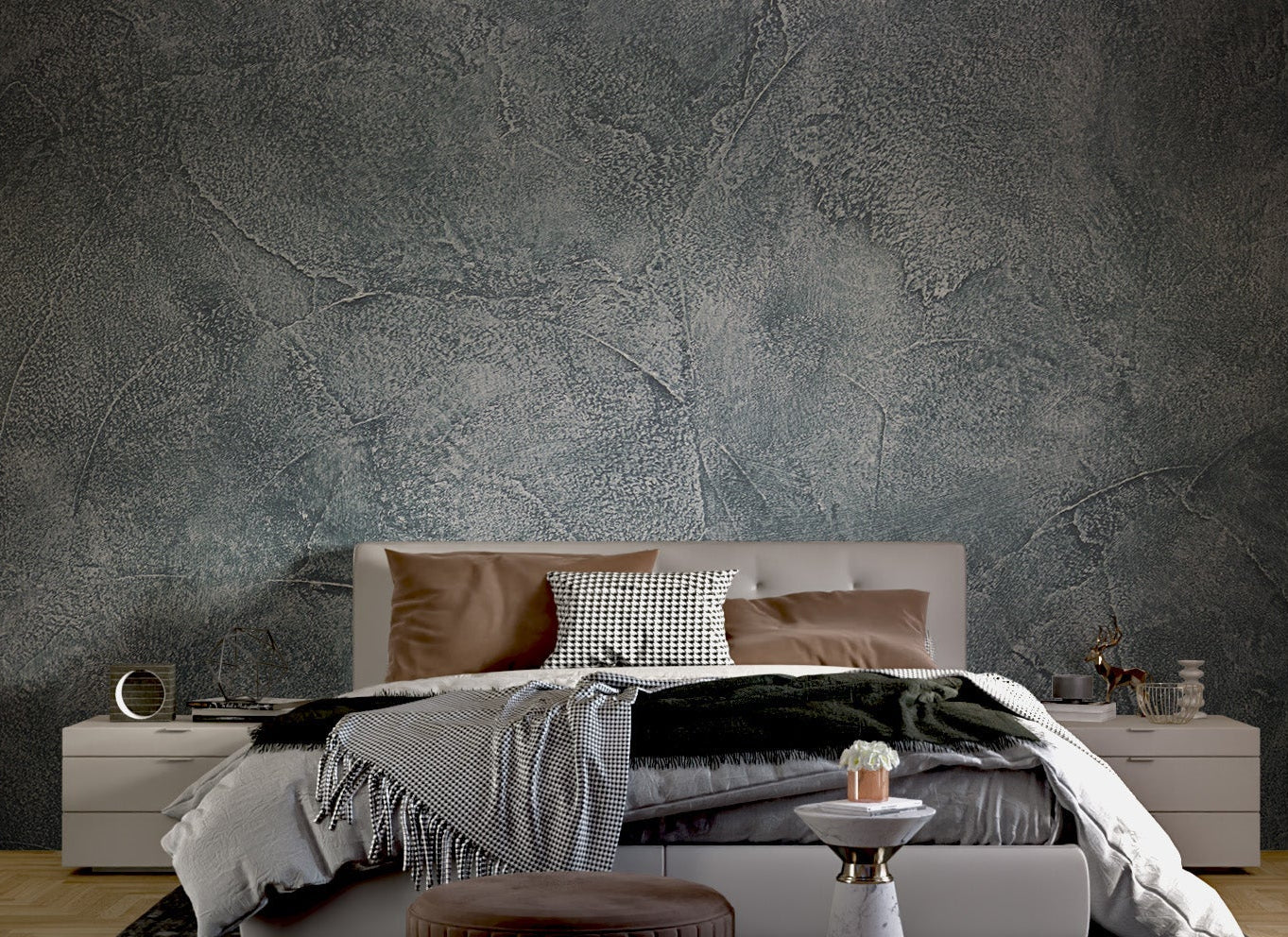 Dark grey concrete textured wall mural designed for minimalist bedroom.
