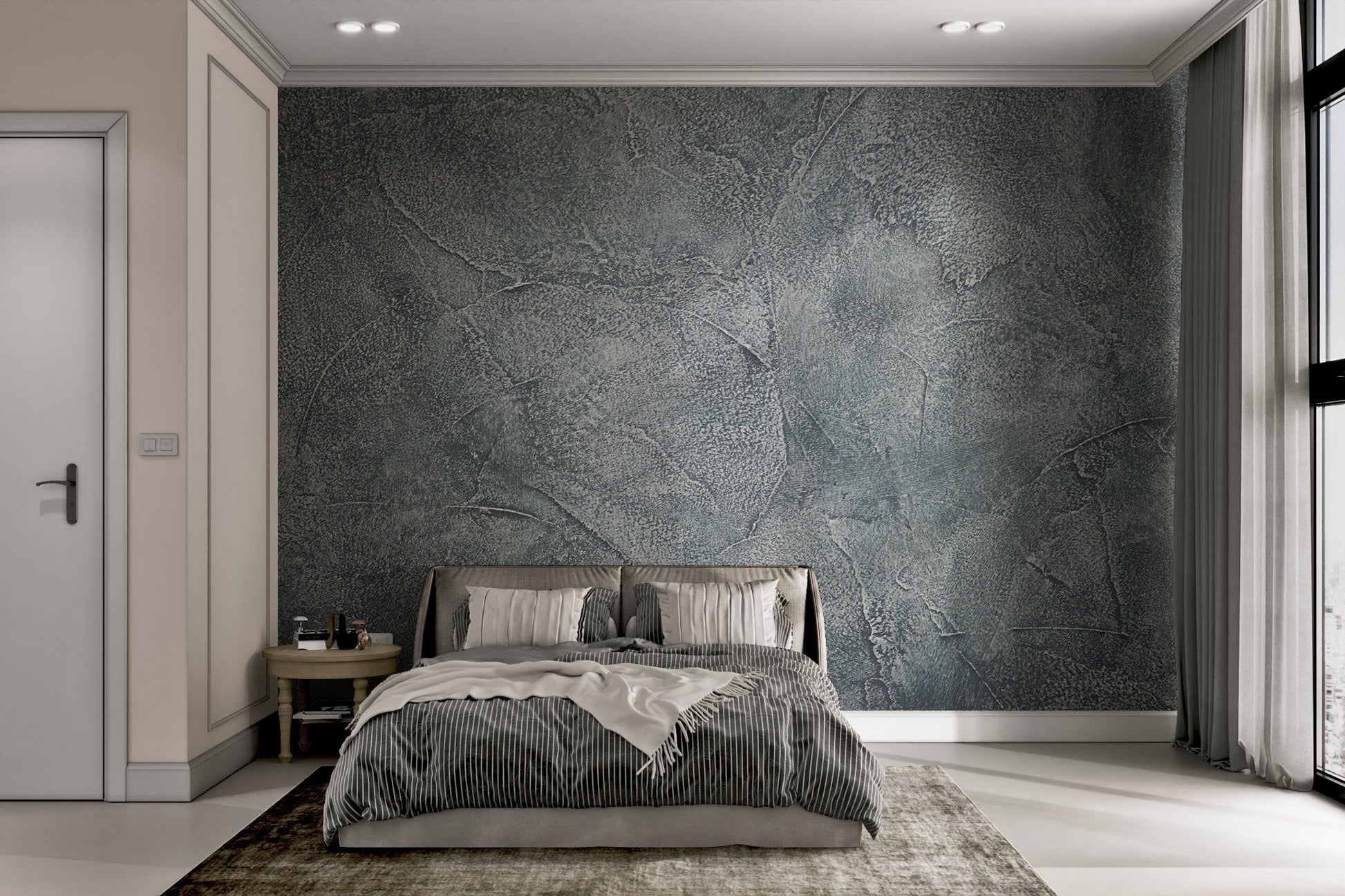 Industrial style grey stone pattern wall mural applied to bright bedroom.