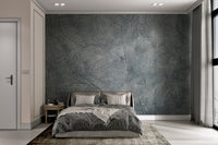 Industrial style grey stone pattern wall mural applied to bright bedroom.