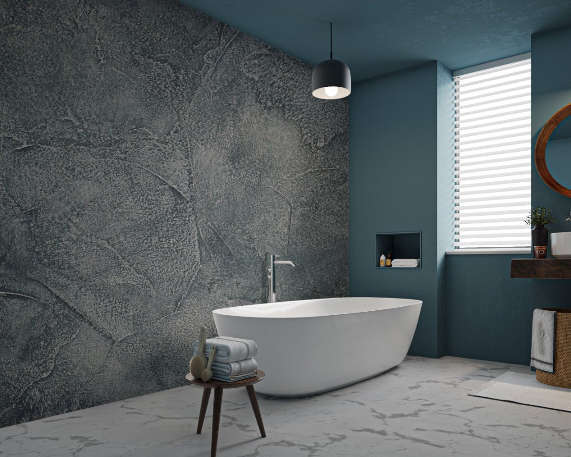 Monochromatic dark grey wall mural pattern designed for a sleek bathroom.