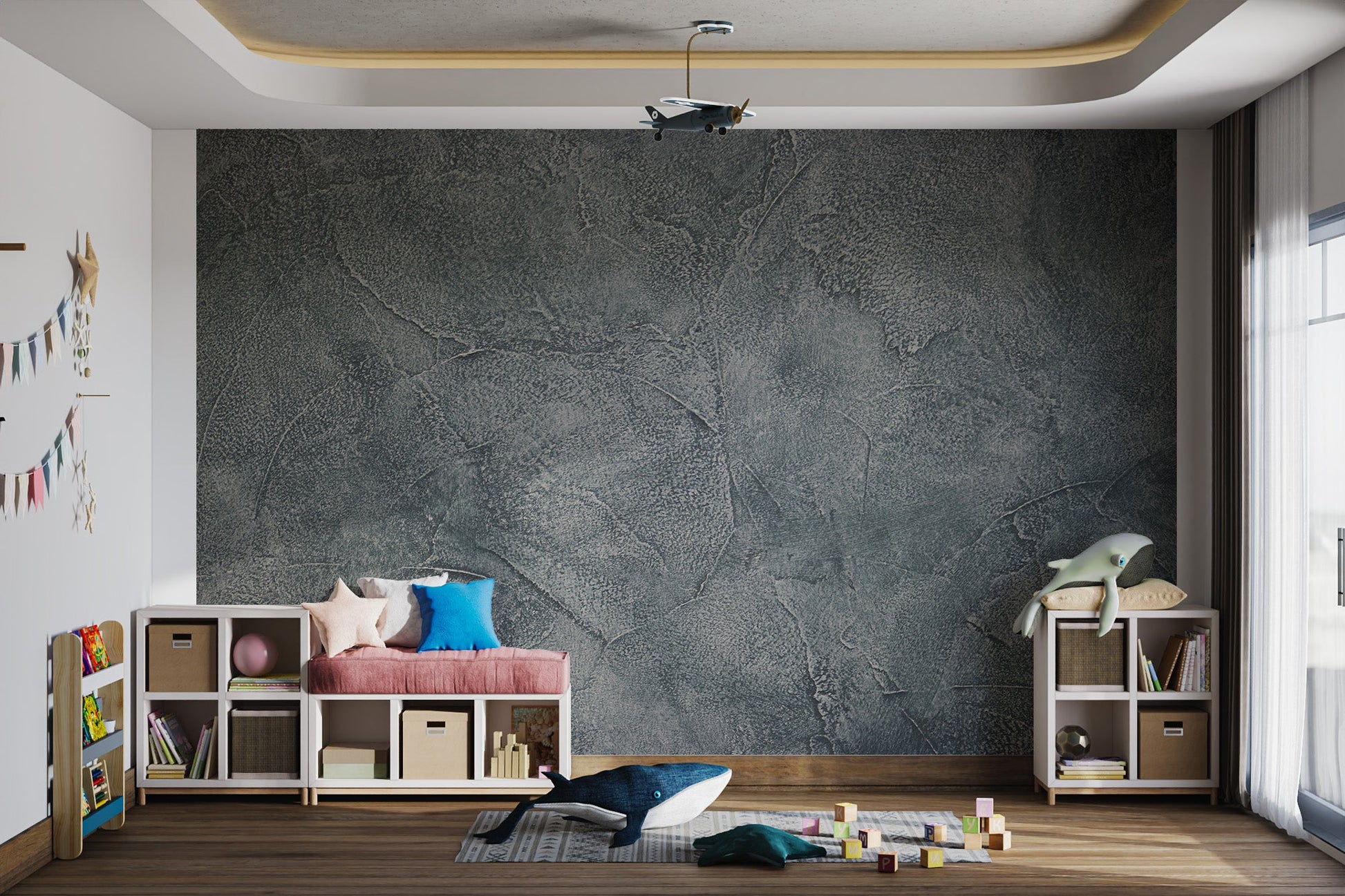 Grey textured grunge wall mural surface for children's play area.
