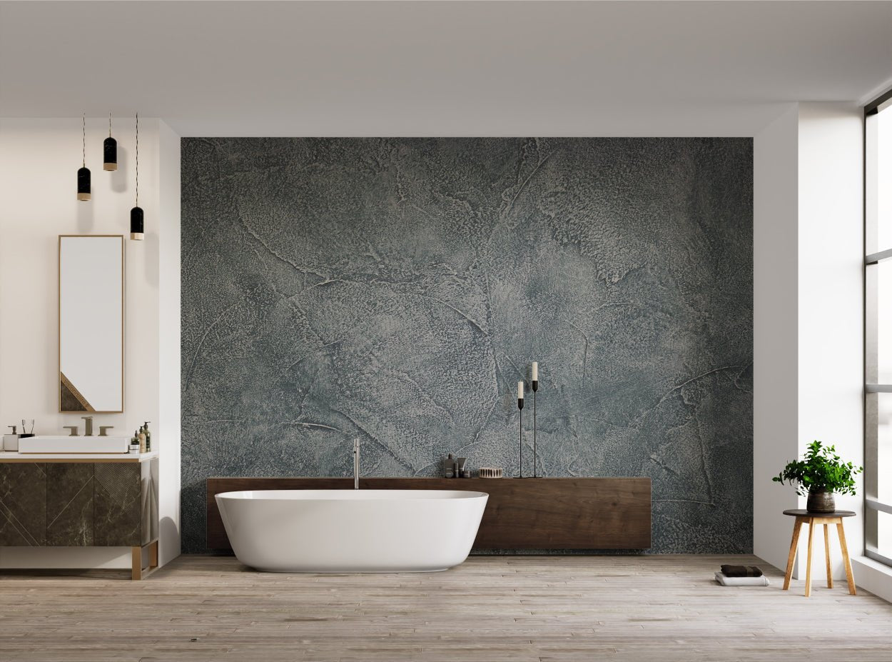 Heavy grey cement textured wall mural with granite pattern for bathroom.
