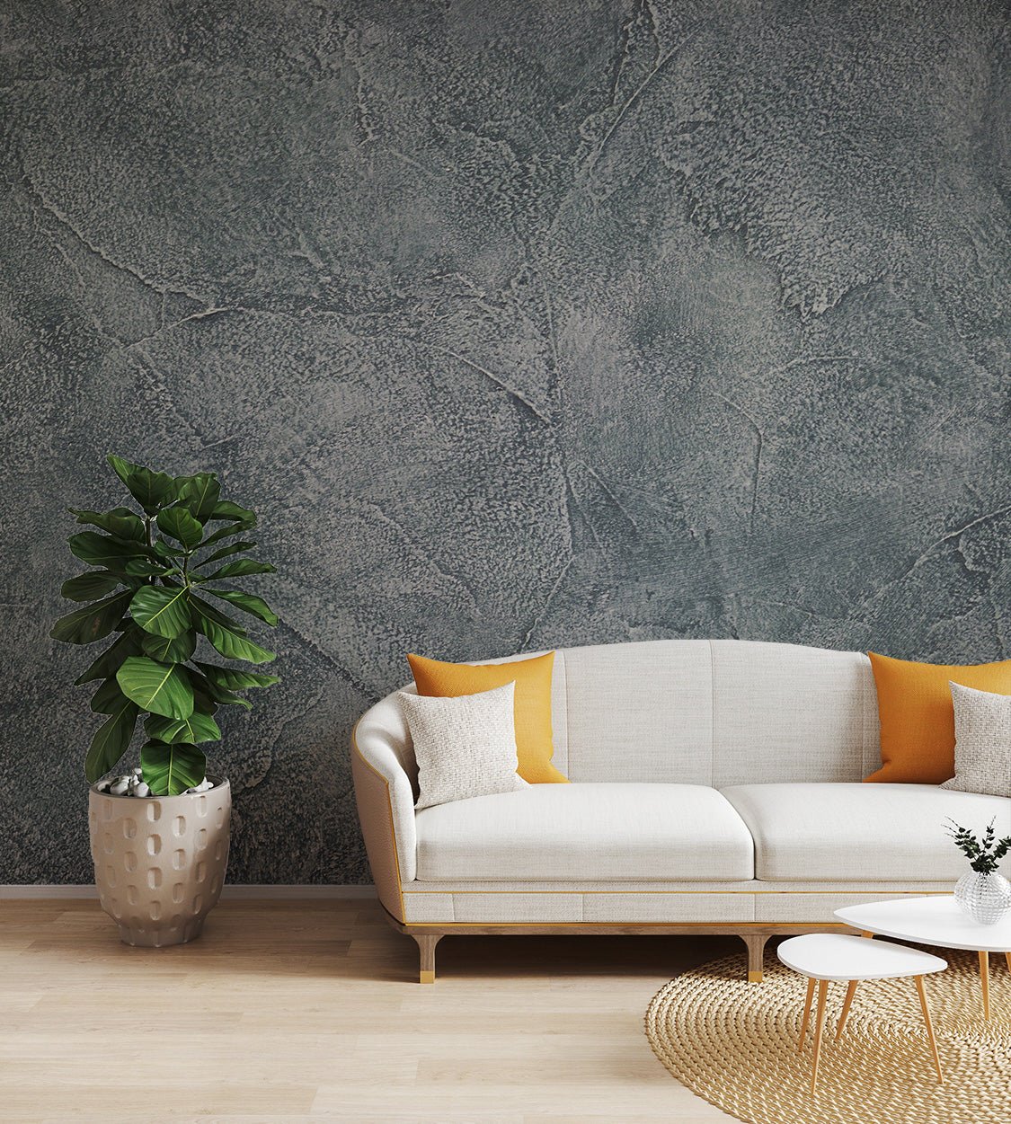 Detailed grey rock texture wall mural for apartment living area.