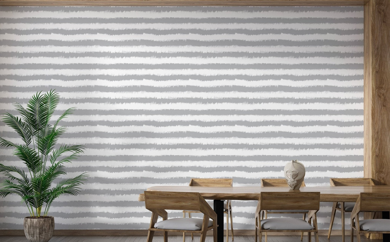 Grey and white horizontal stripes wall mural for apartment dining room.
