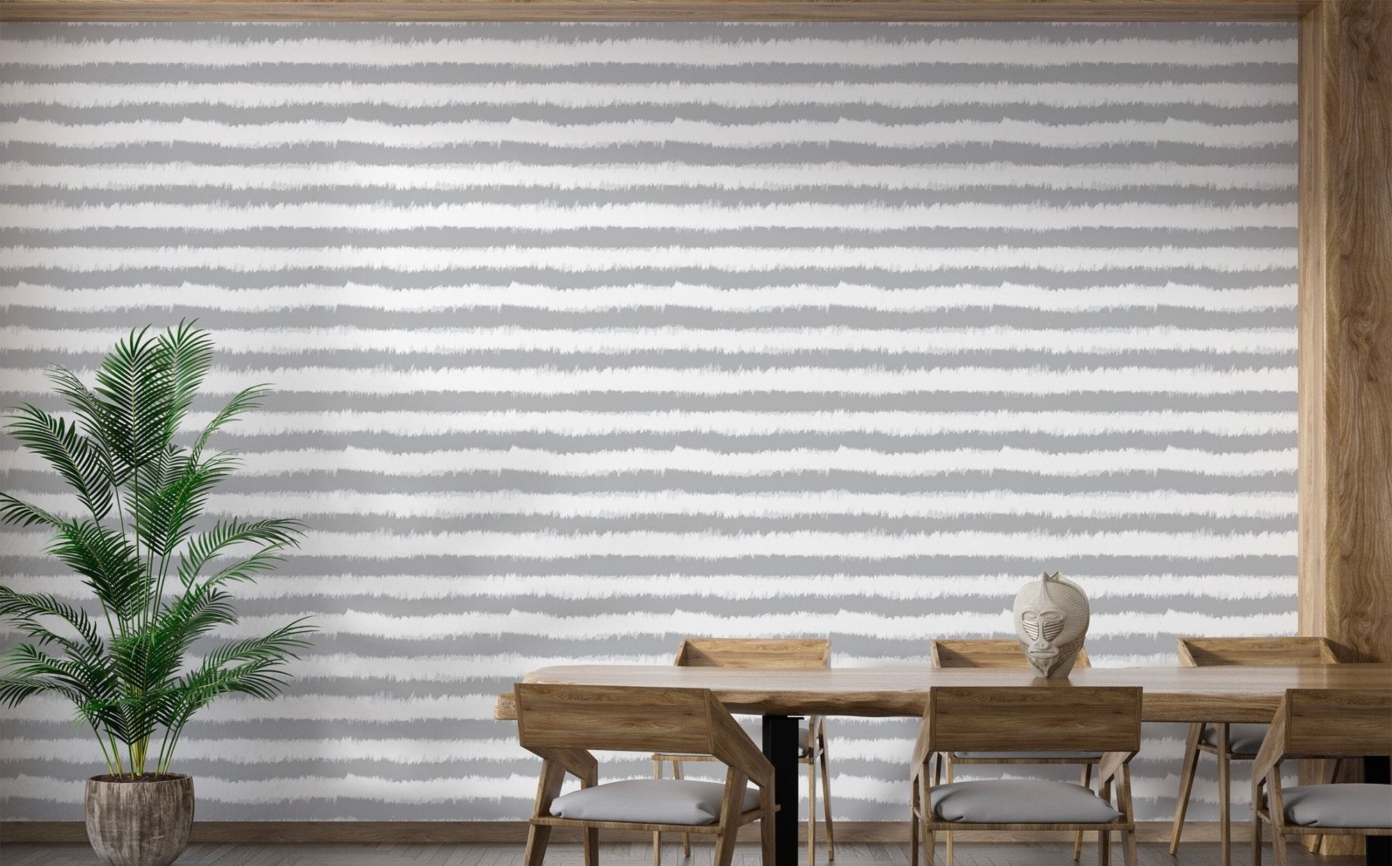 Grey and white horizontal stripes wall mural for apartment dining room.