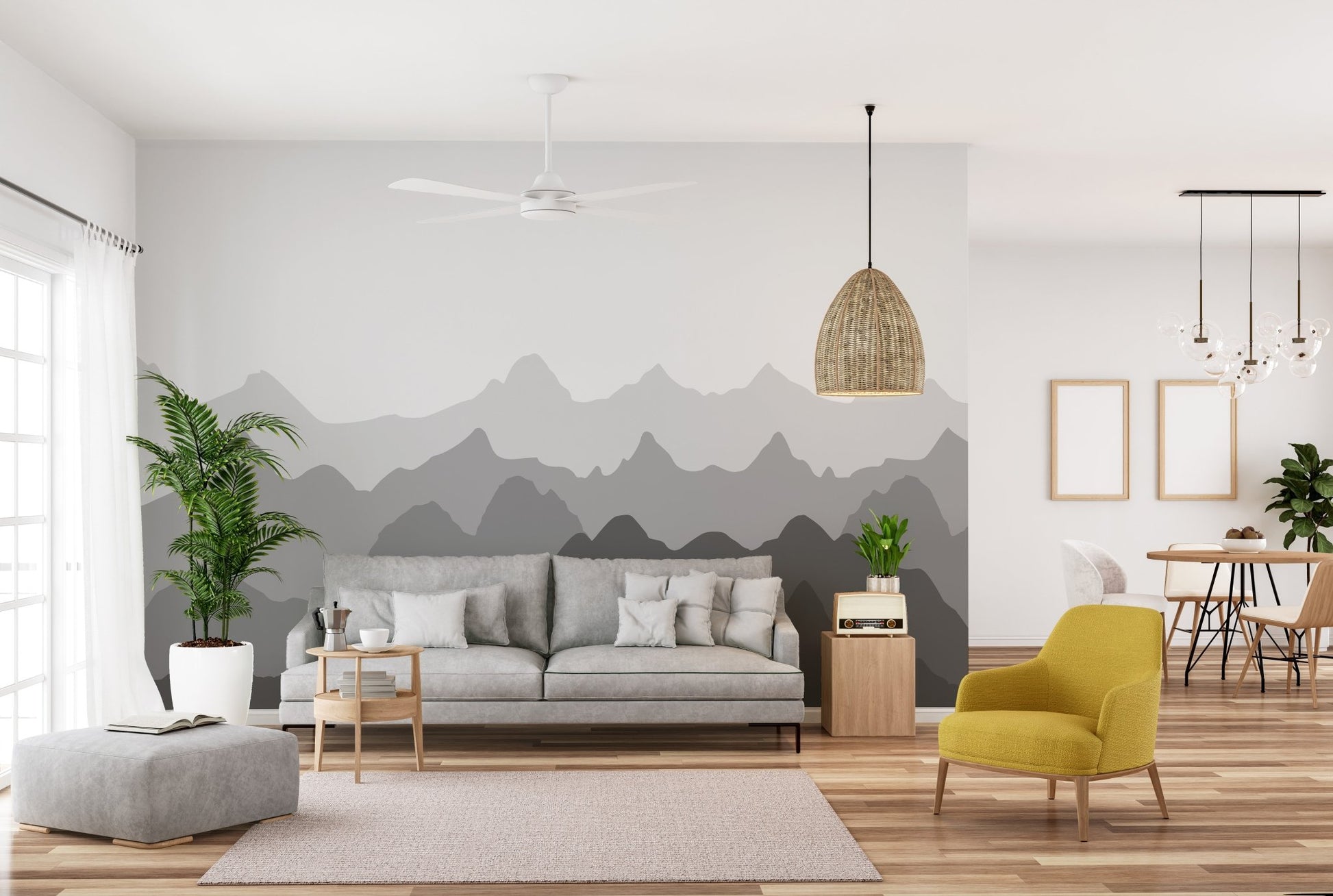 Minimalist white living space featuring a grey mountain shadows wall mural.