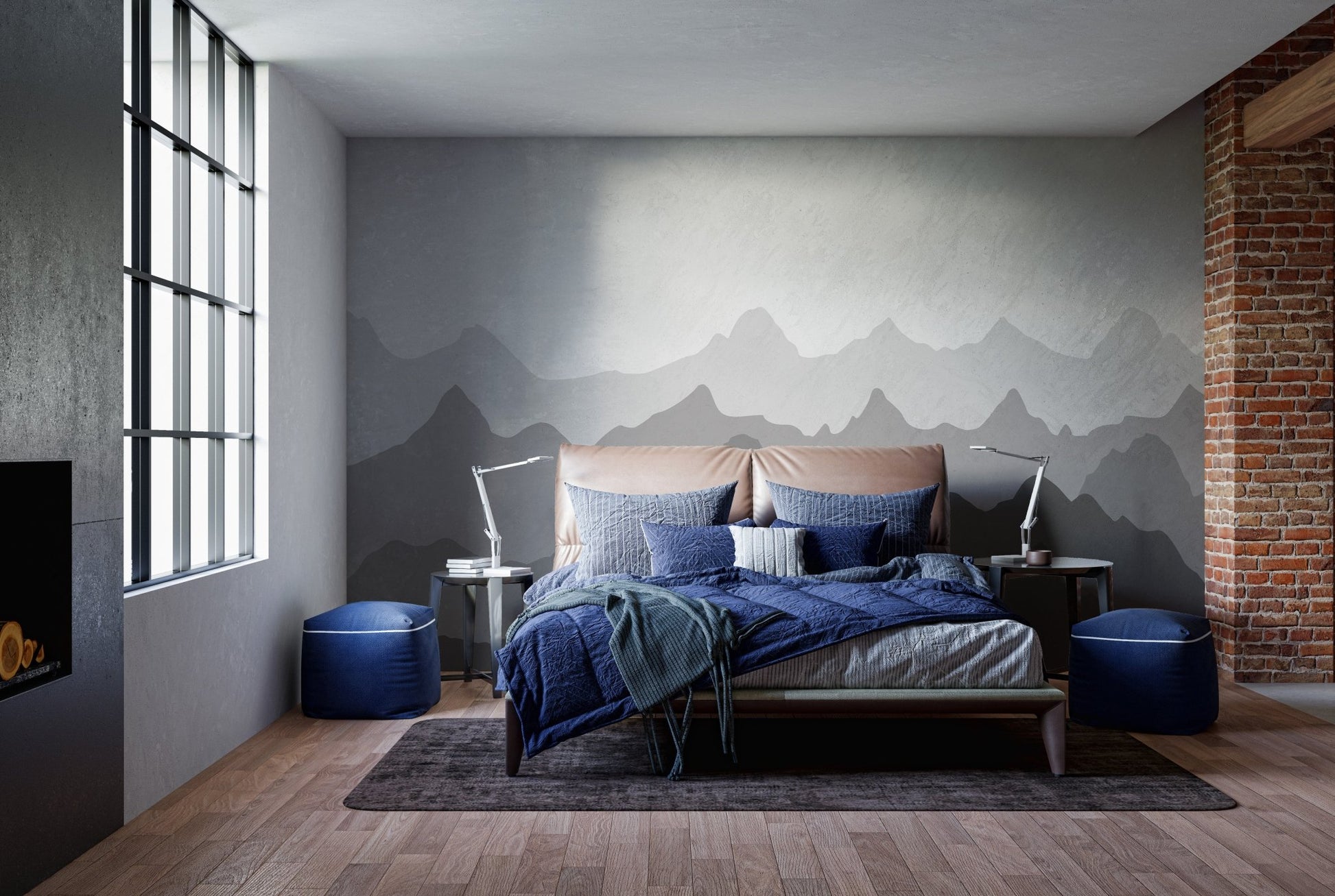Dark grey mountain mural on a bedroom feature wall with blue bedding.
