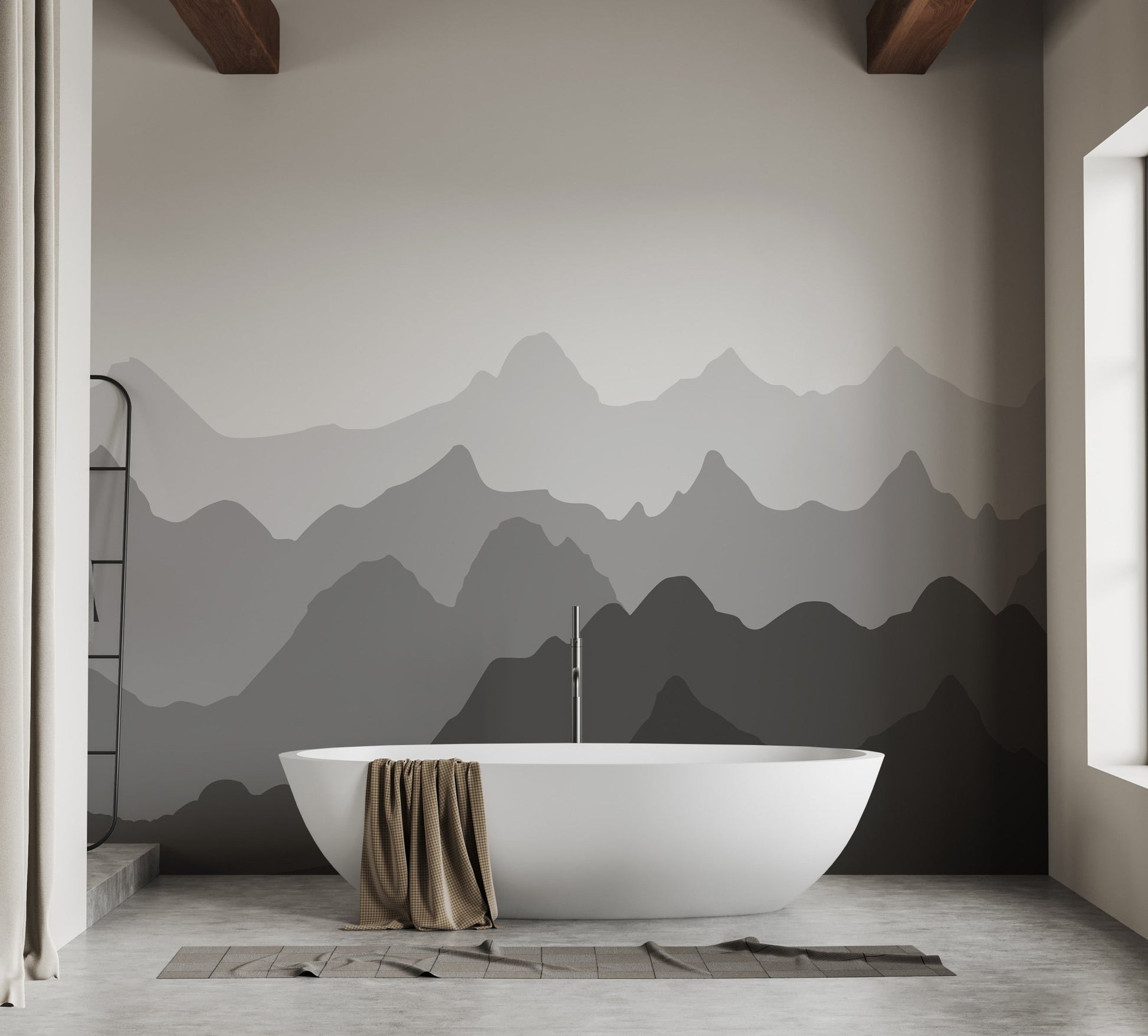 Luxury bathroom with a freestanding tub and mountain landscape wall mural.