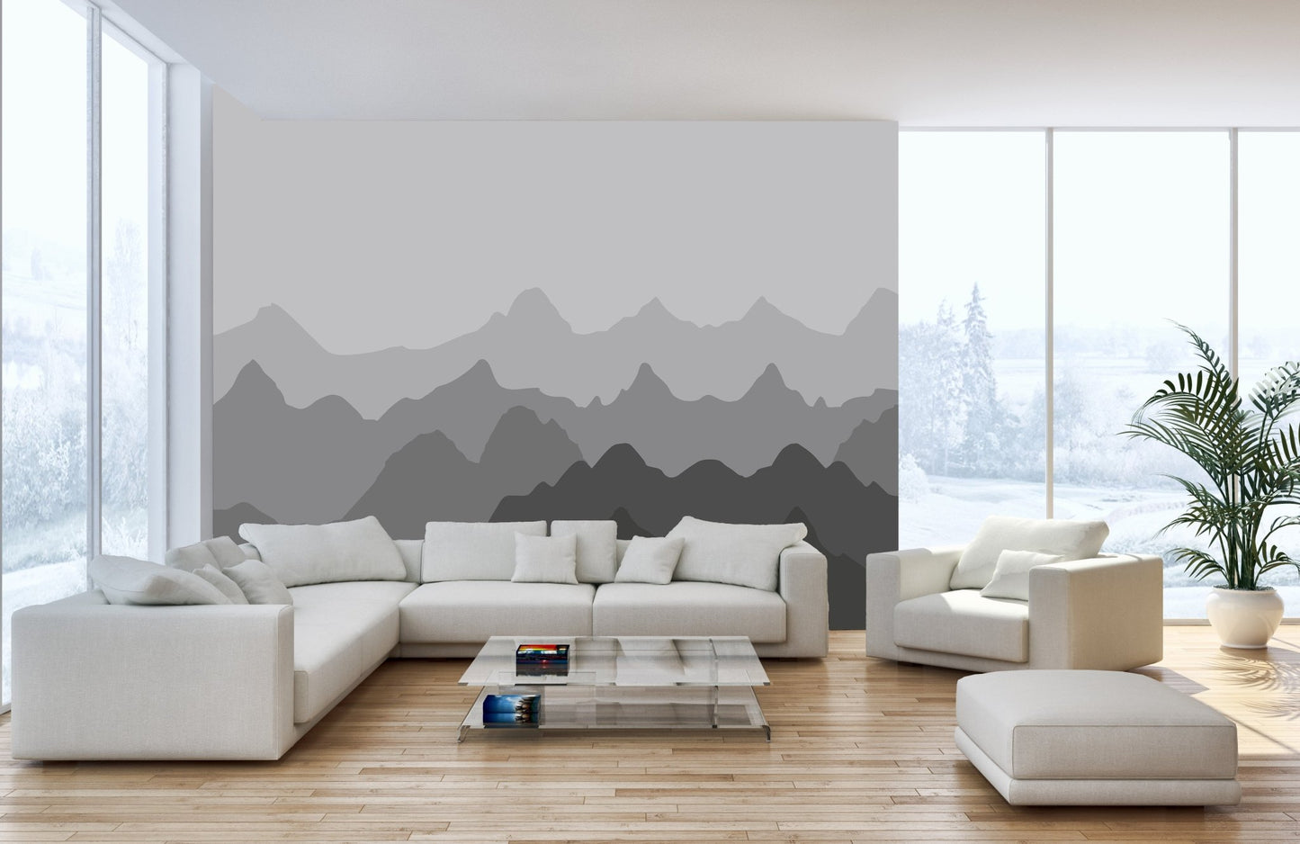 Minimalist white living space featuring a grey mountain shadows wall mural.