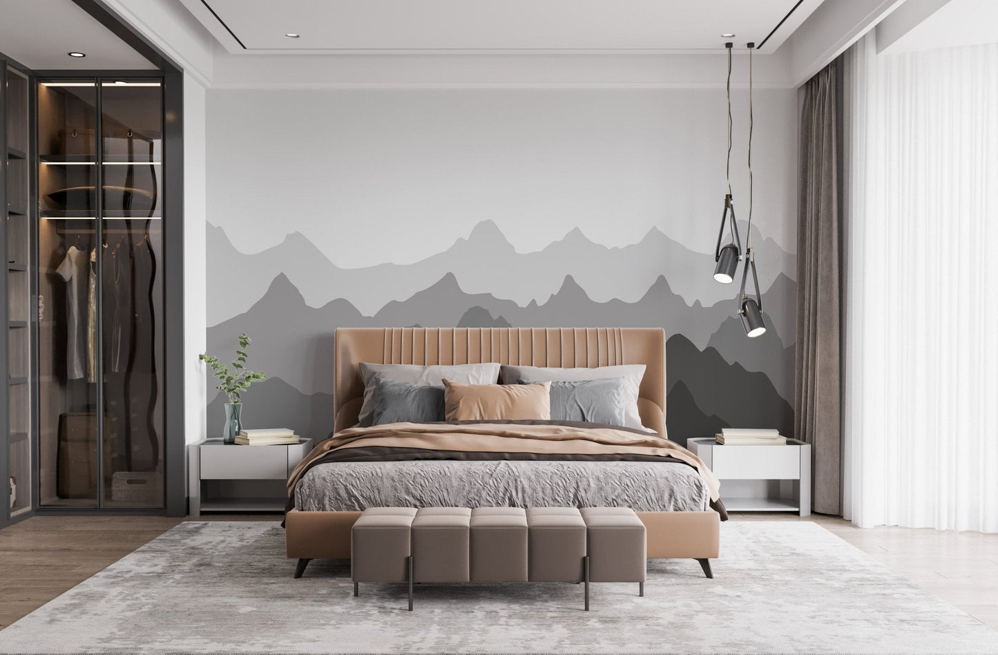 Grey mountain shadows wall mural in a minimalist bedroom with a wooden bed.