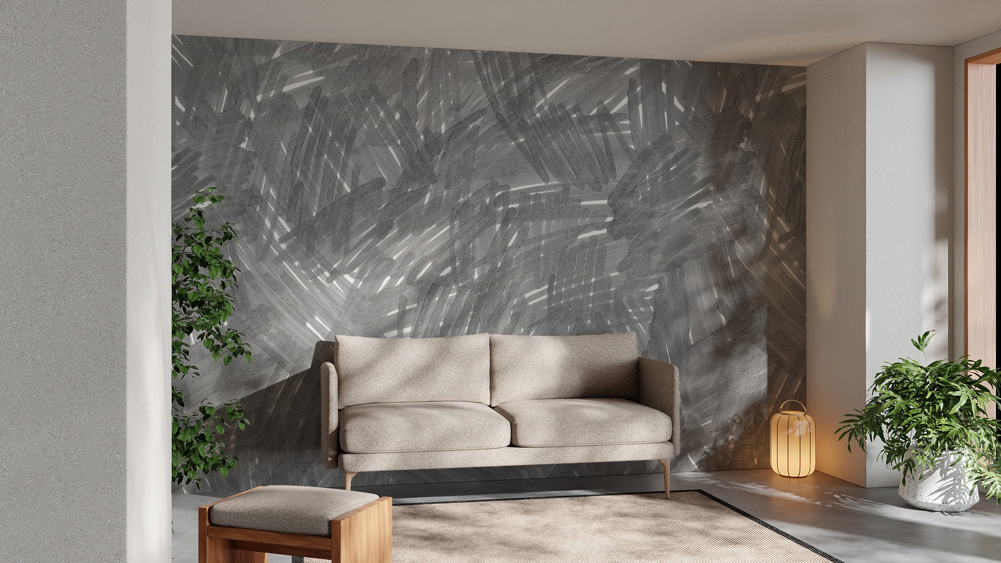 Grey strokes wallpaper mural with abstract brush pattern wall decor.