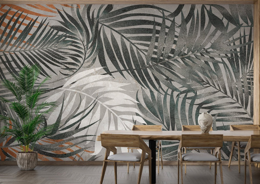Grey Tropical Leaves Wall Mural in a dining room