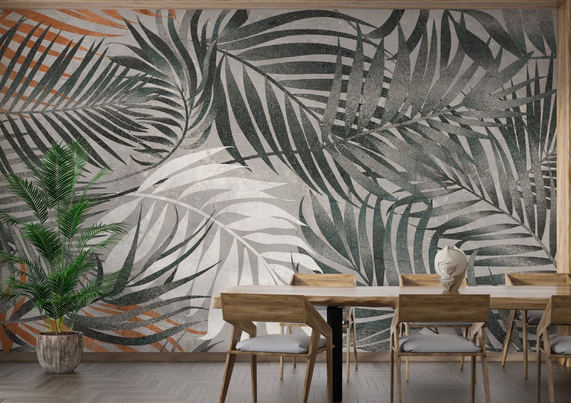 Grey Tropical Leaves Wall Mural in a dining room
