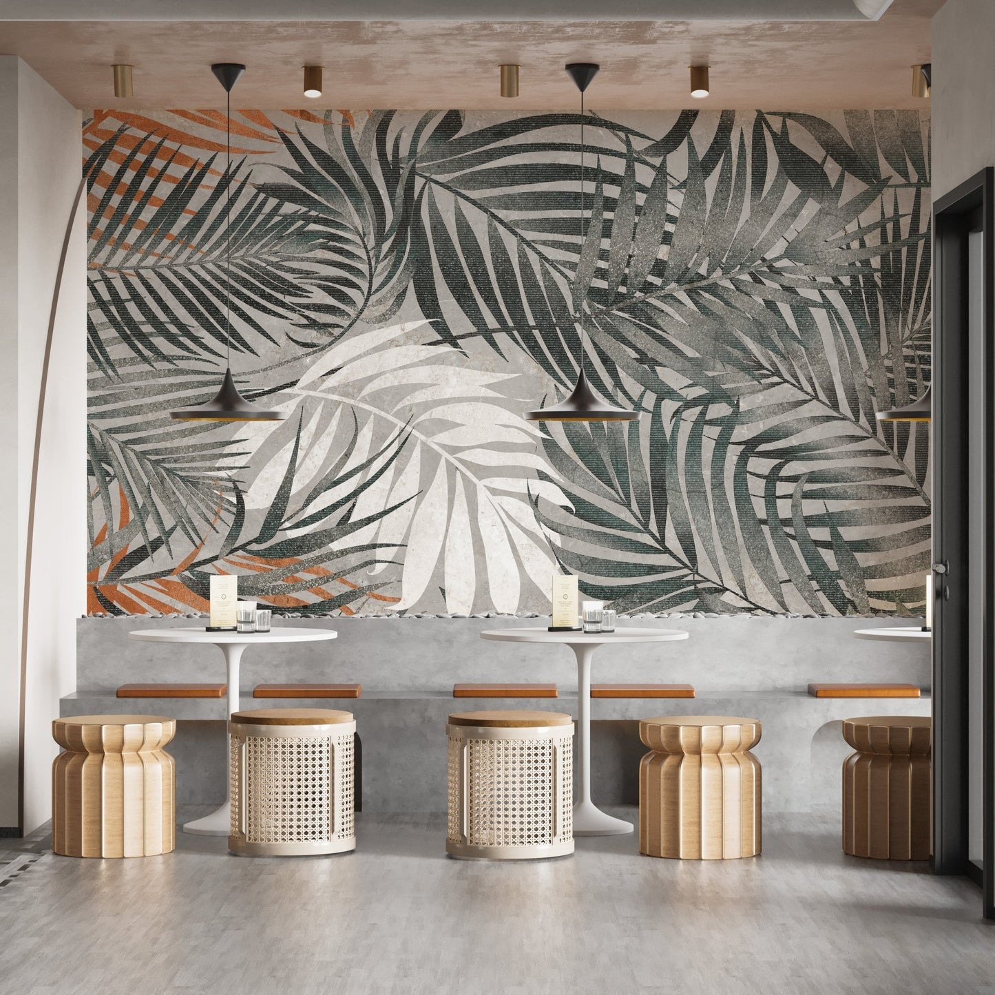Restaurant interior with a palm leaves wall mural.