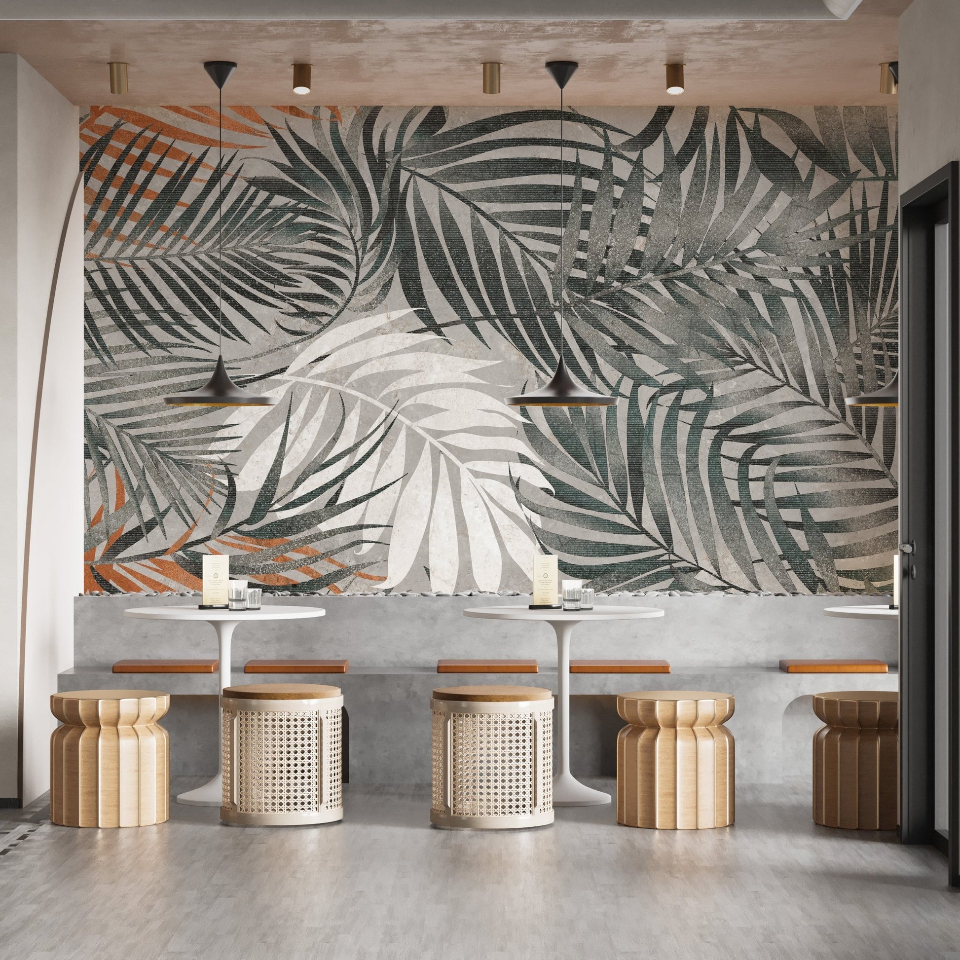 Restaurant interior with a palm leaves wall mural.