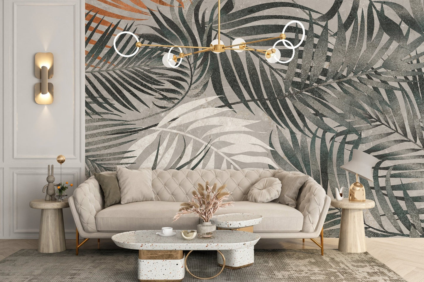 Luxury living area showing a palm leaves wall mural