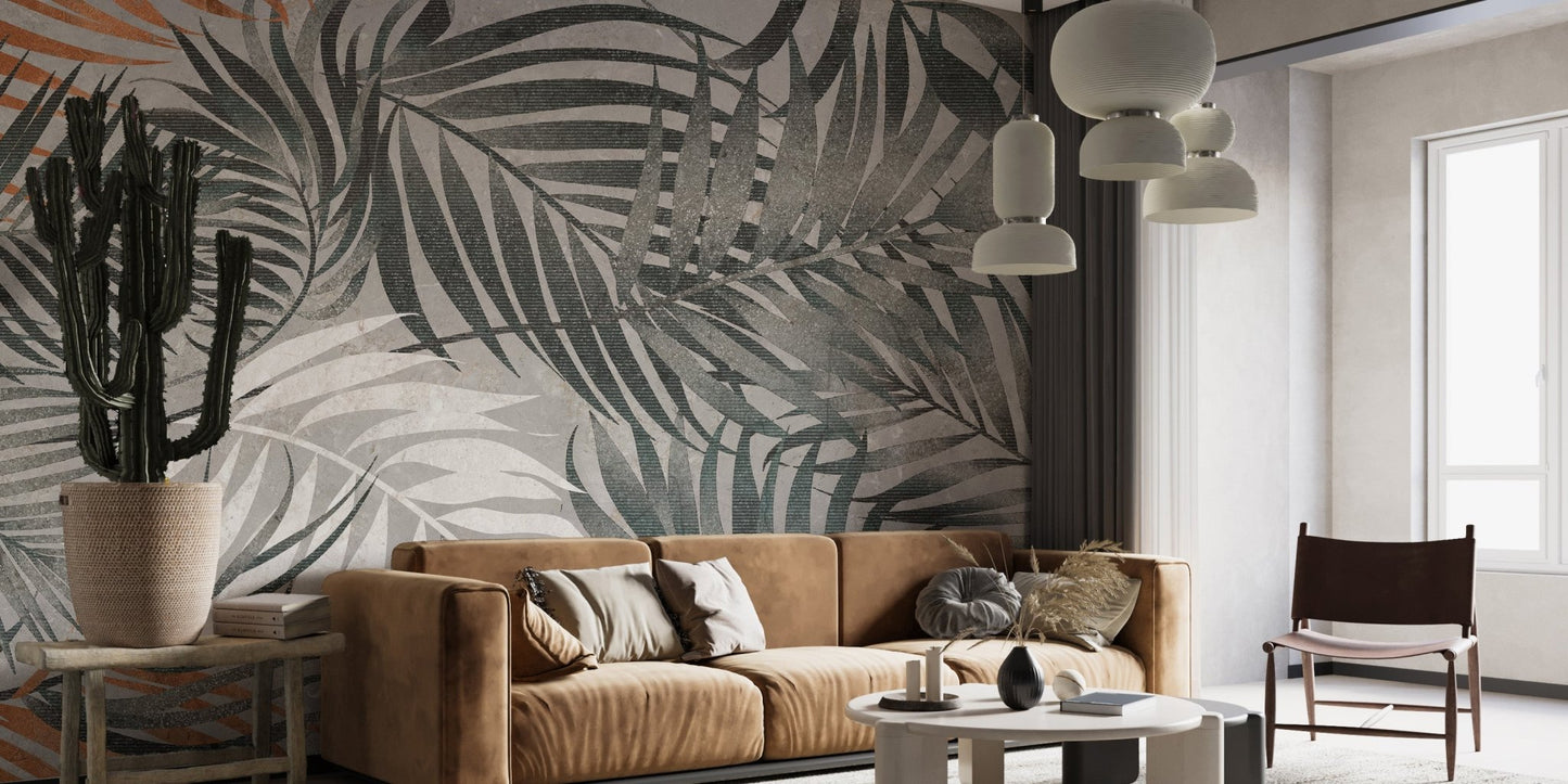 Modern living room featuring Grey Tropical Leaves Wall Mural