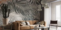 Modern living room featuring Grey Tropical Leaves Wall Mural
