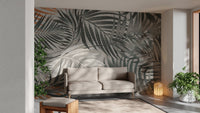 Neutral living space with a grey tropical wall mural.