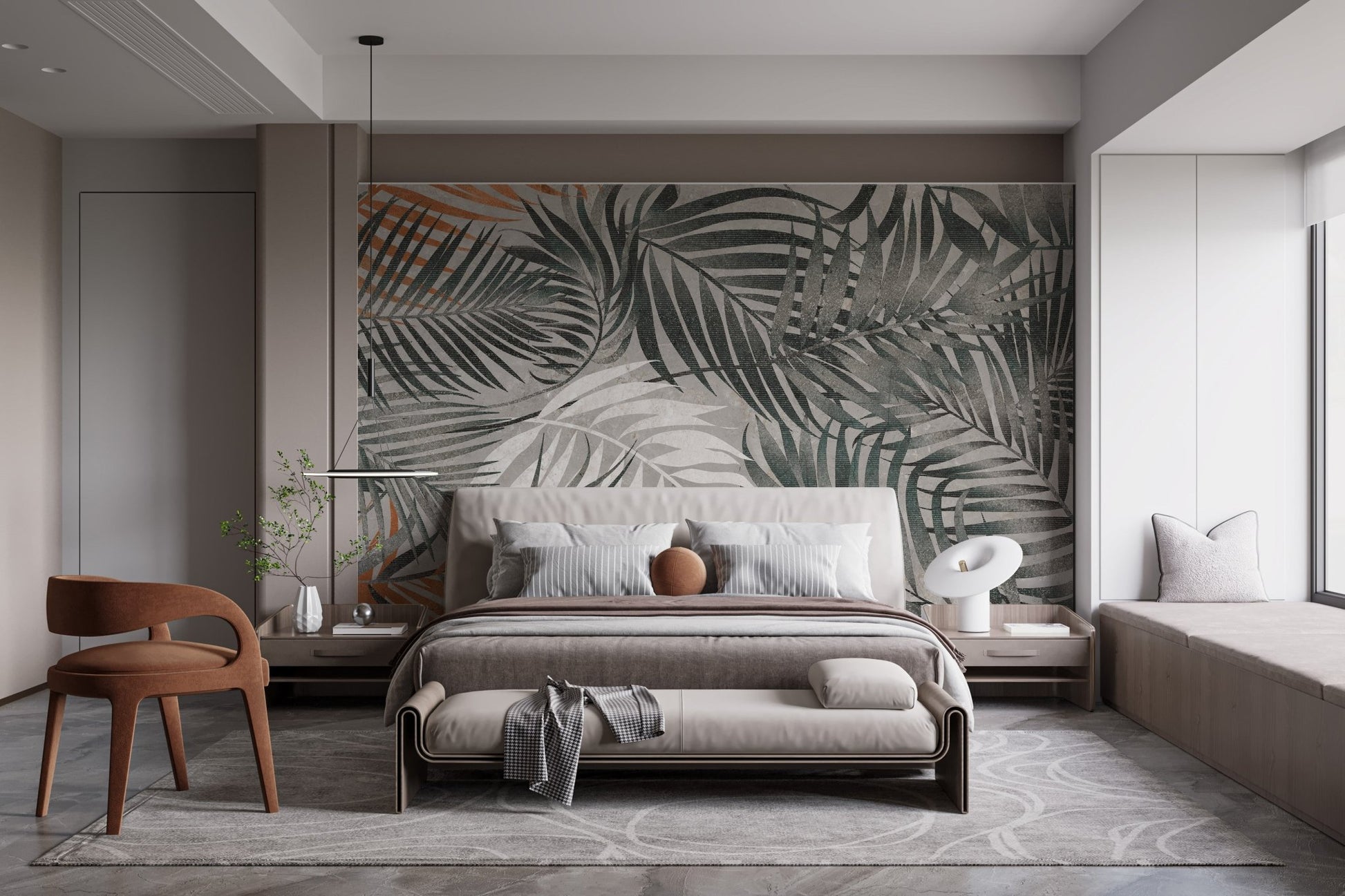 Master bedroom with a grey leaves wall mural.
