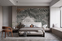 Master bedroom with a grey leaves wall mural.