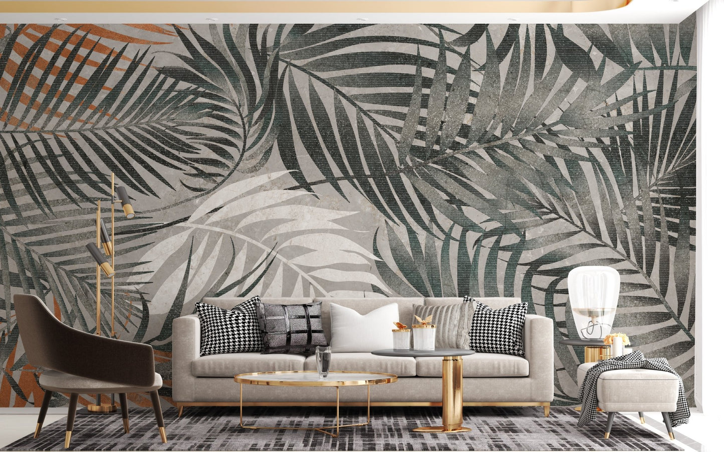 Contemporary seating area with a grey tropical wall mural.